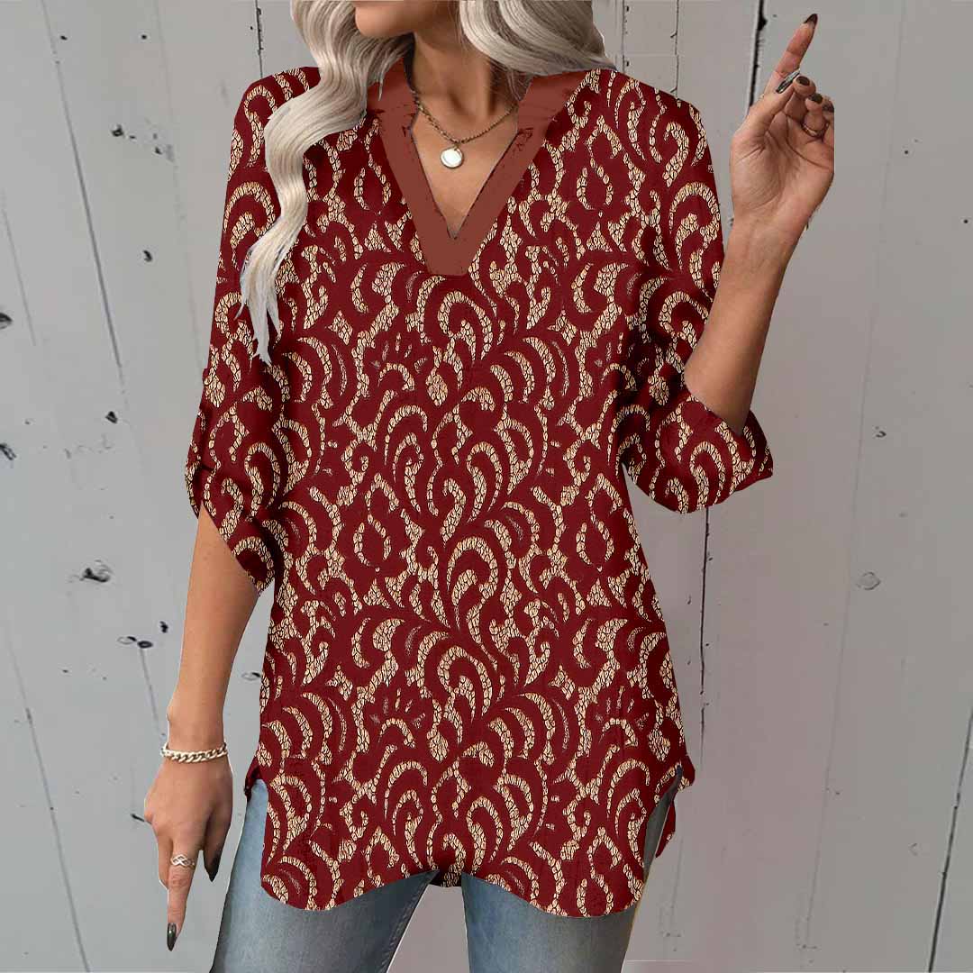 Women Floral,  Red,  Brown DZGA0433 3/4 Sleeve V-neck Printed Graphic Button Tops