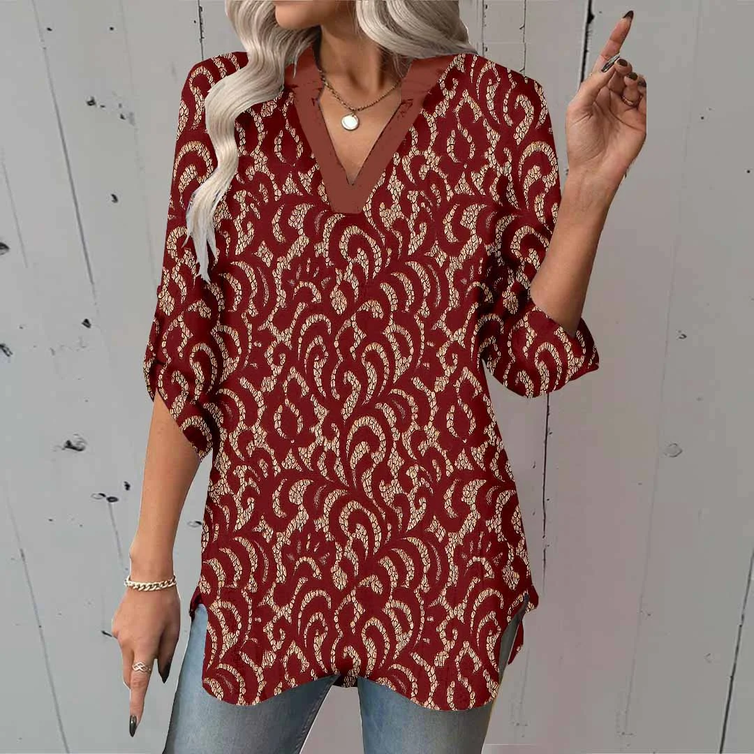 Women Floral,  Red,  Brown DZGA0433 3/4 Sleeve V-neck Printed Graphic Button Tops