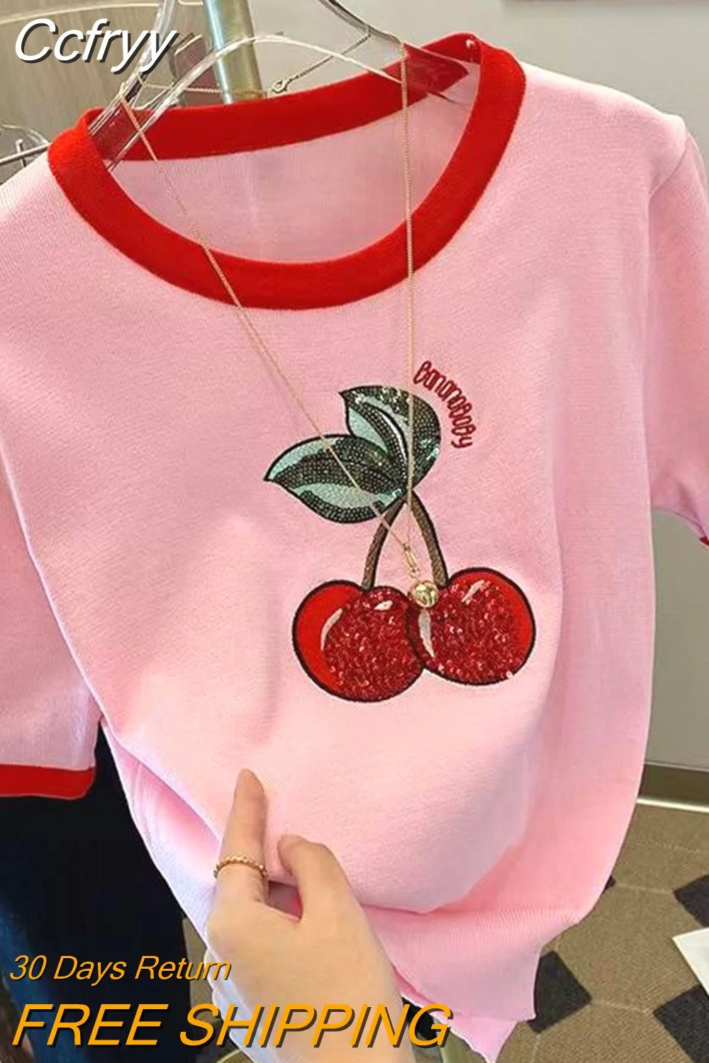 huibahe Cherry Sequins Knit Sweater Tshirt Women 2023 Fashion Casual Embroidery Sweet Top Pullover Short Sleeve Loose Ladies Tops