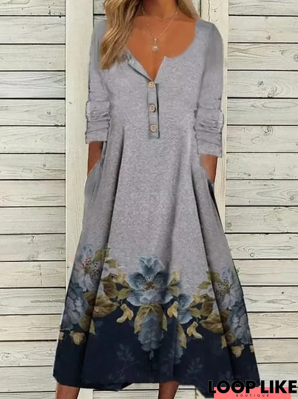 Gray Floral Printed Buttoned V Neck Casual Long Sleeve A-Line Dresses