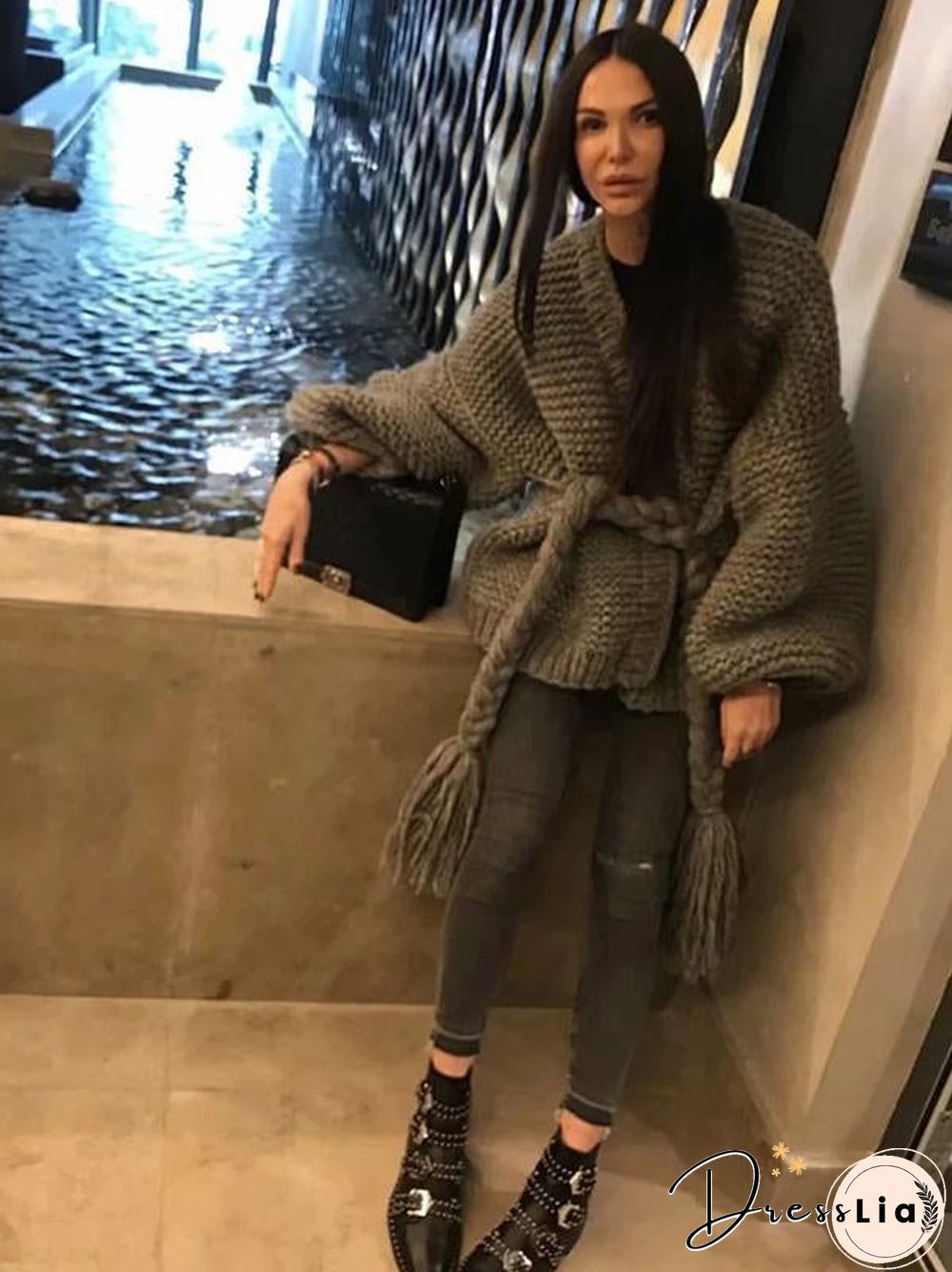 Hollow Knitting Bandage Long Sleeves Cardigan Tops