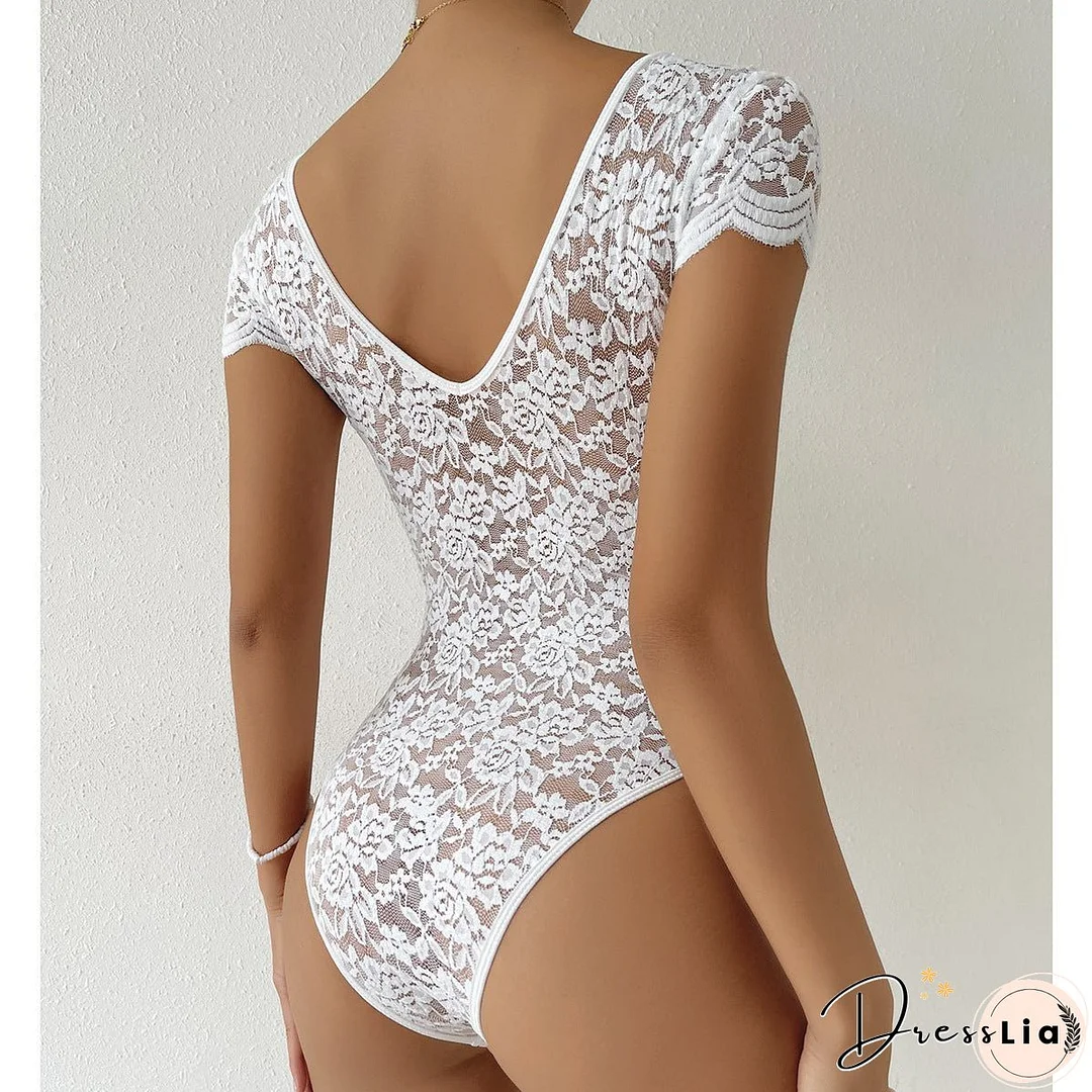 Summer Solid Color Lace Deep Backless Jumpsuits