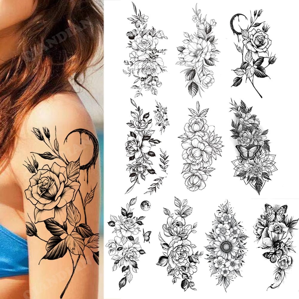 10 Sheets Temporary Tattoos Black Flower Butterfly Moon Flash Beauty Body Arm Art Waterproof Fake Sleeve Tatoo Sticker Women