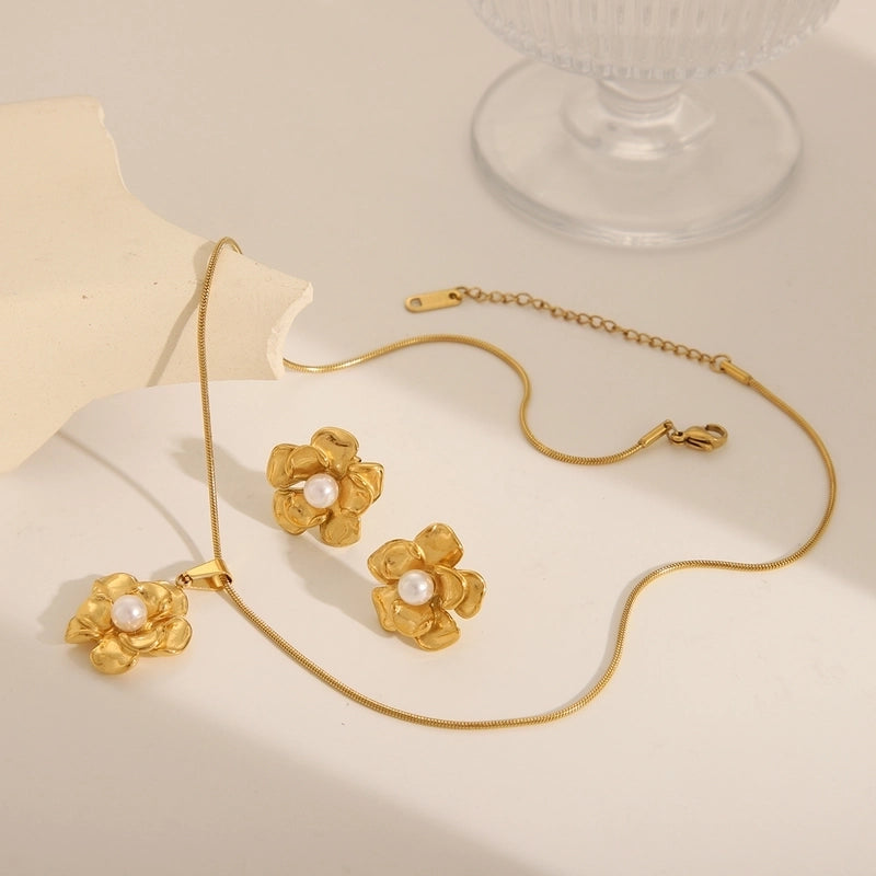 French Style Commute IG Style Flower 304 Stainless Steel Artificial Pearls 18K Gold Plated Stainless Steel Jewelry Sets