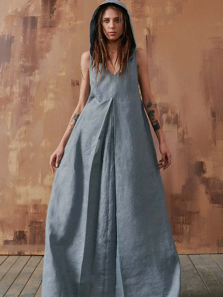 *Linen Front Pleat Maxi Dress with Hood