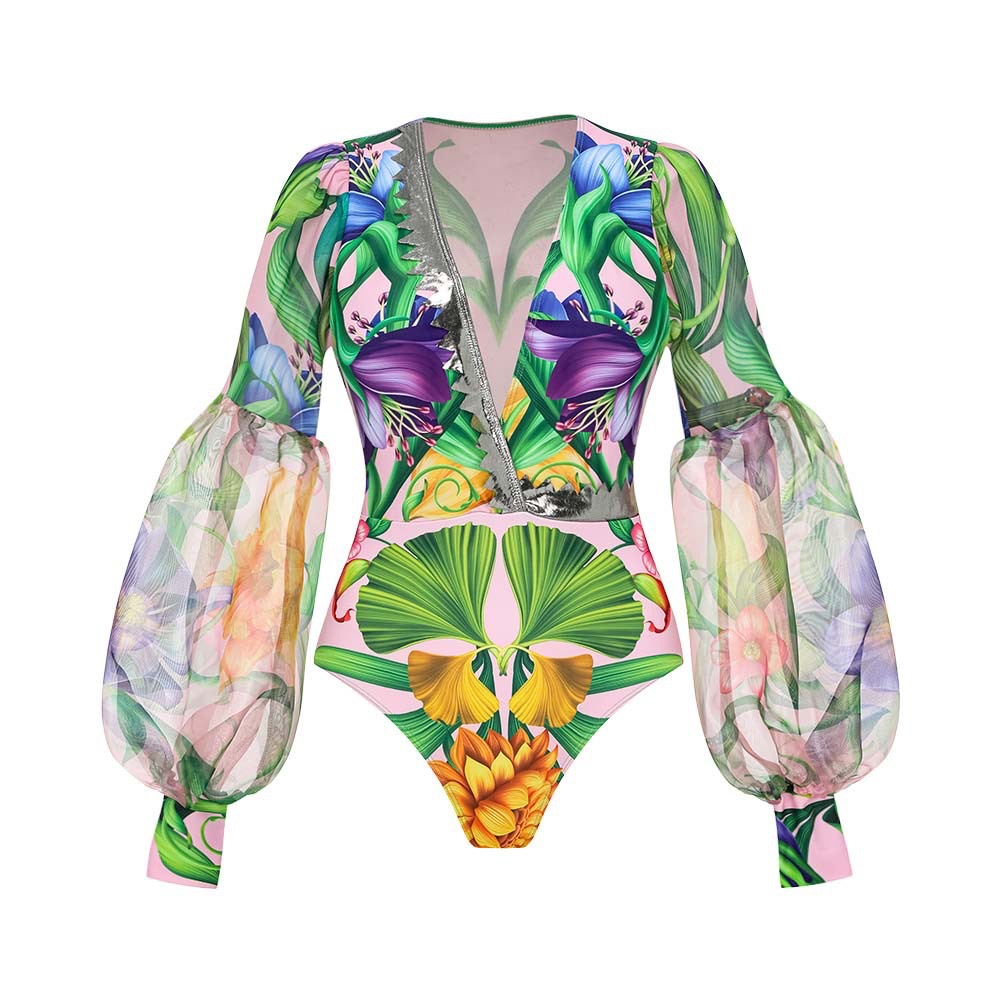 Ballifyex Printed Puff Sleeve Swimsuit With Cover Up Women Swimwear Sexy Bikinis Deep V Biquini Belt Swim Suit Bodysuit Bathsuit Beachwear