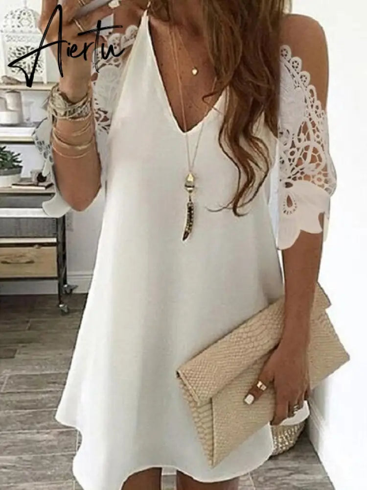 Aiertu Women's Lace Splicing Dress V-neck Off Shoulder Sling Mini Dress Solid Color Casual  Hollow out Sleeve Dress Aiertu
