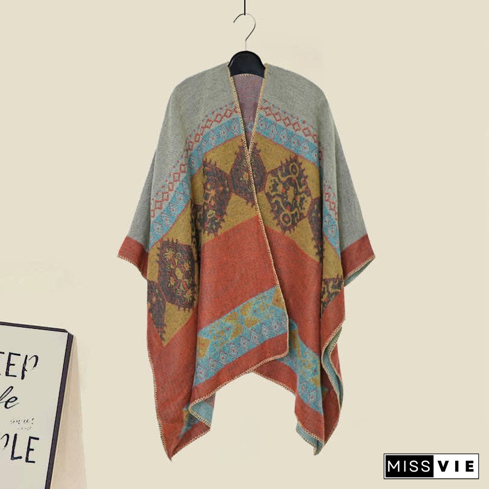 Boho Vintage Print Colorblock Shawl Wrap V-neck Lace Up Dress