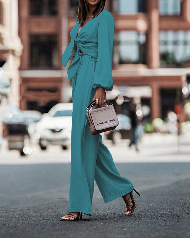 Long-sleeved Tie-up Top and Pants Two-piece Suit
