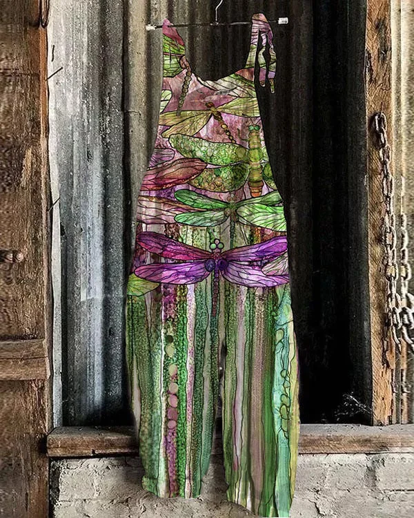 Women's Dragonfly Floral Print Loose Casual Jumpsuit