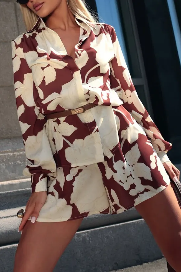 Botanical Print Collared Long-sleeved Loose-fitting Shirt and Elastic Waist Casual Shorts Set