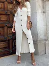 Solid Color V-Neck Buttoned Long Sleeve Simple Knitted Midi Dress