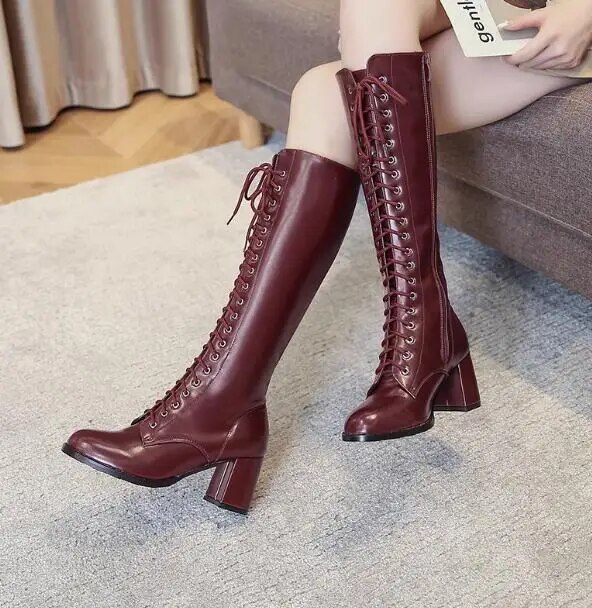VCSHOES Burgundy Black Leather Cross Tied Knee High Fur Boots Women Round Toe 7 CM Motorcycle Long Boots