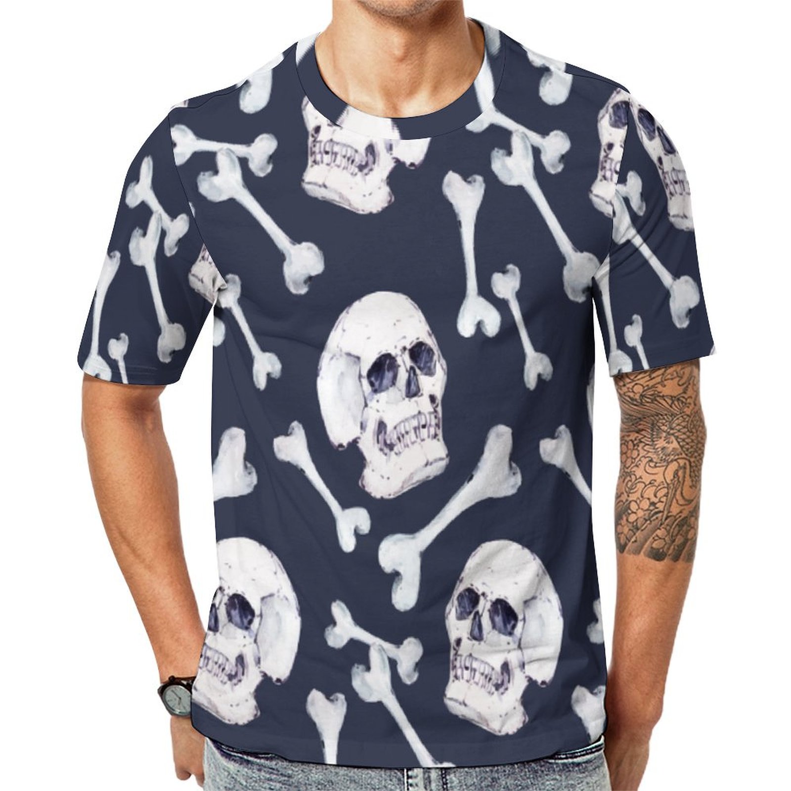 Black Hand Drawn Skull Short Sleeve Print Unisex Tshirt Summer Casual Tees for Men and Women Coolcoshirts