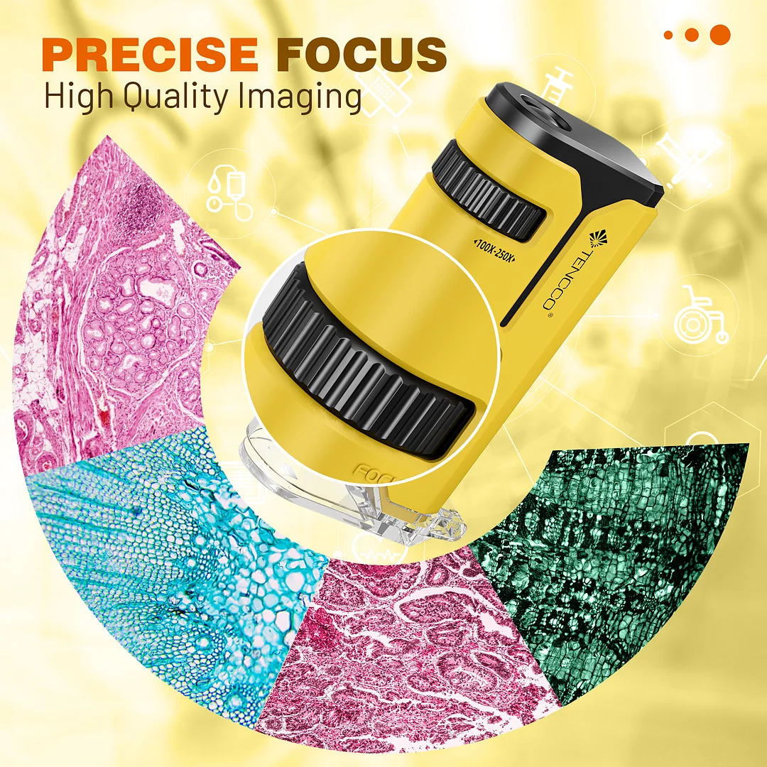BEBANG 100X-250X Pocket Microscope, Portable Handheld Microscope for Adults Kids（Yellow）
