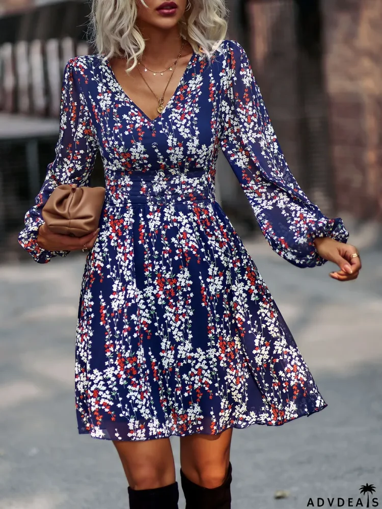 Spring And Autumn Floral Print V-Neck Long Sleeve Casual Dresses