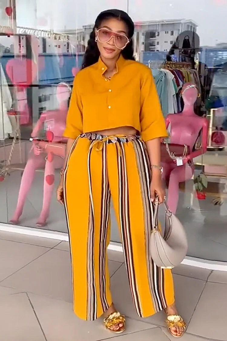 Button Up Half Sleeve Crop Blouse Striped Wide Leg Pants 2pcs Set-Orange