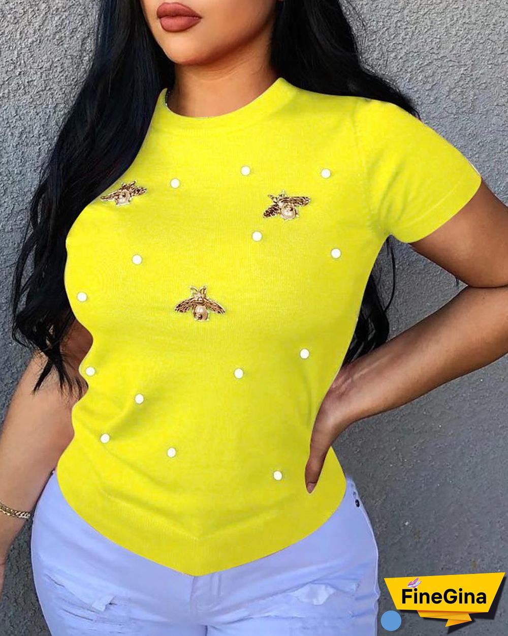 Beaded Detail Short Sleeve T-Shirt P10177