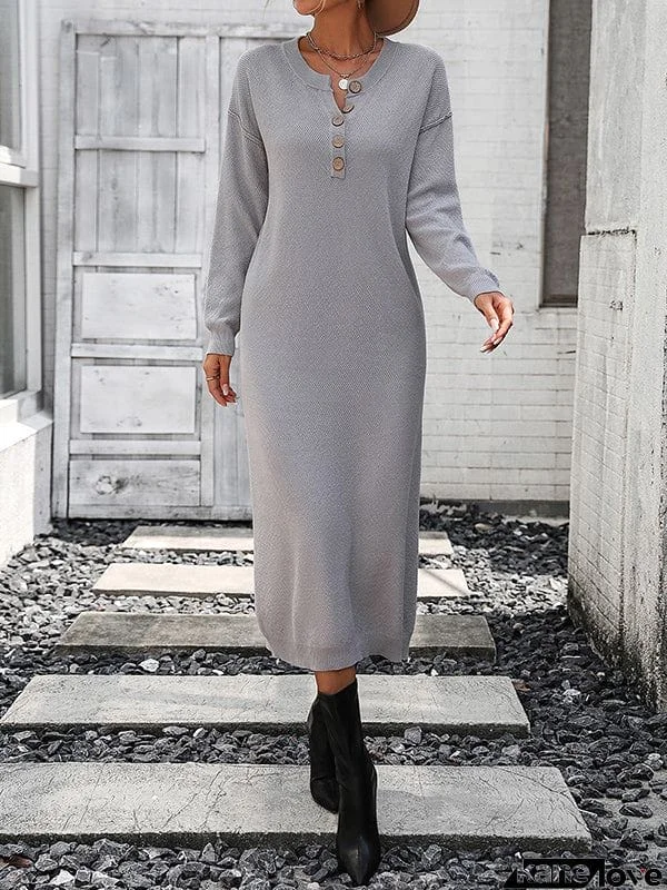 Long Sleeves Loose Buttoned Split-Joint Round-Neck Midi Dresses Sweater Dresses