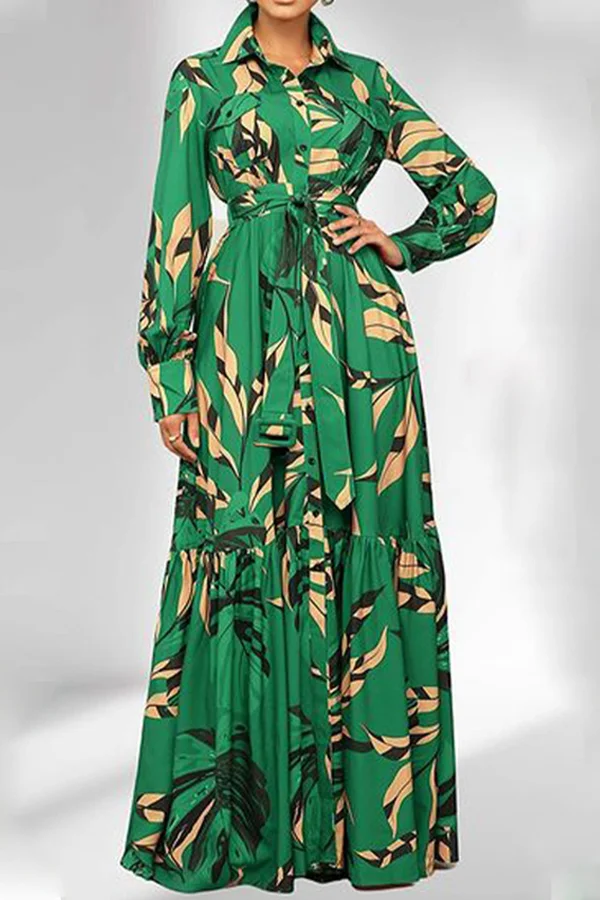 Elegant Printed Lapel Long Sleeve Maxi Dress