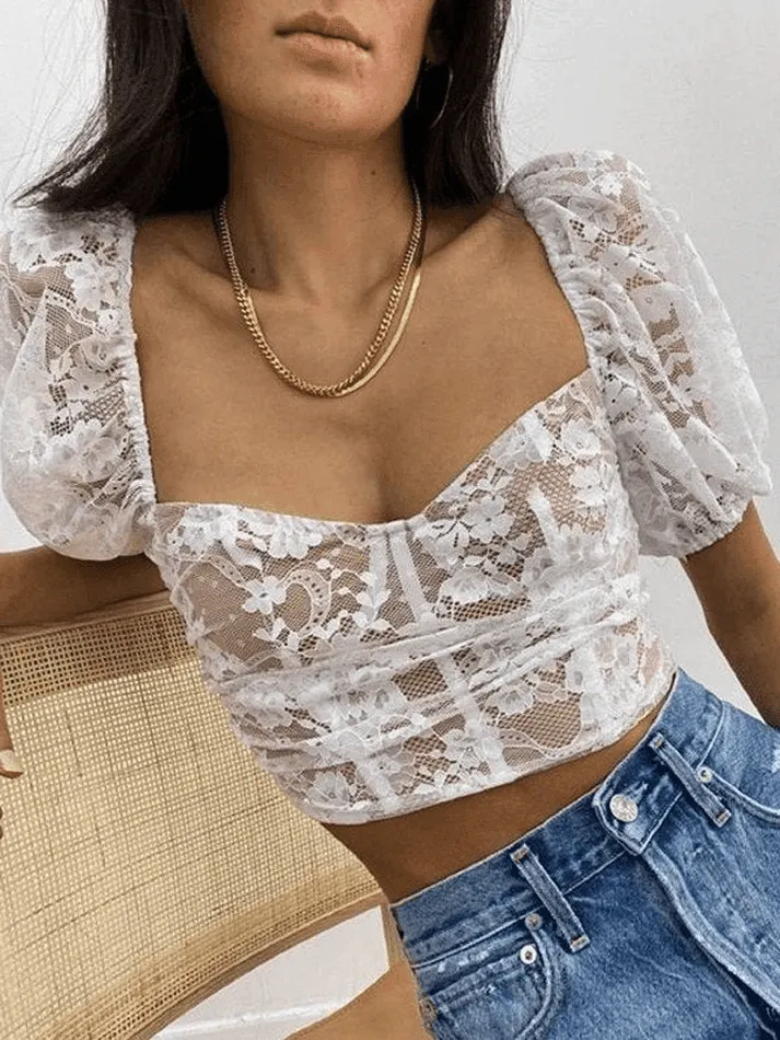 Brownm Cropped Lace Puff Sleeve Blouse