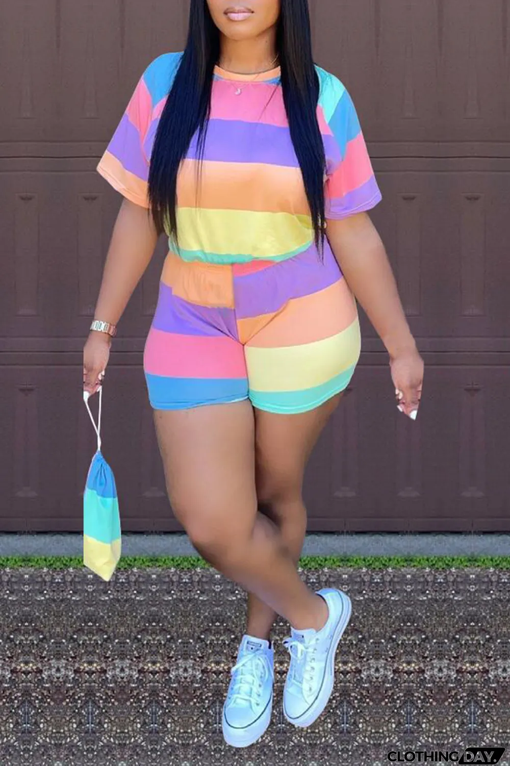 Colour Casual Striped Split Joint O Neck Short Sleeve Two Pieces