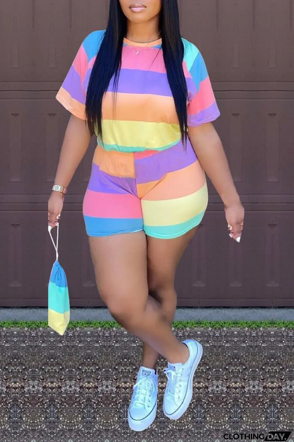 Colour Casual Striped Split Joint O Neck Short Sleeve Two Pieces