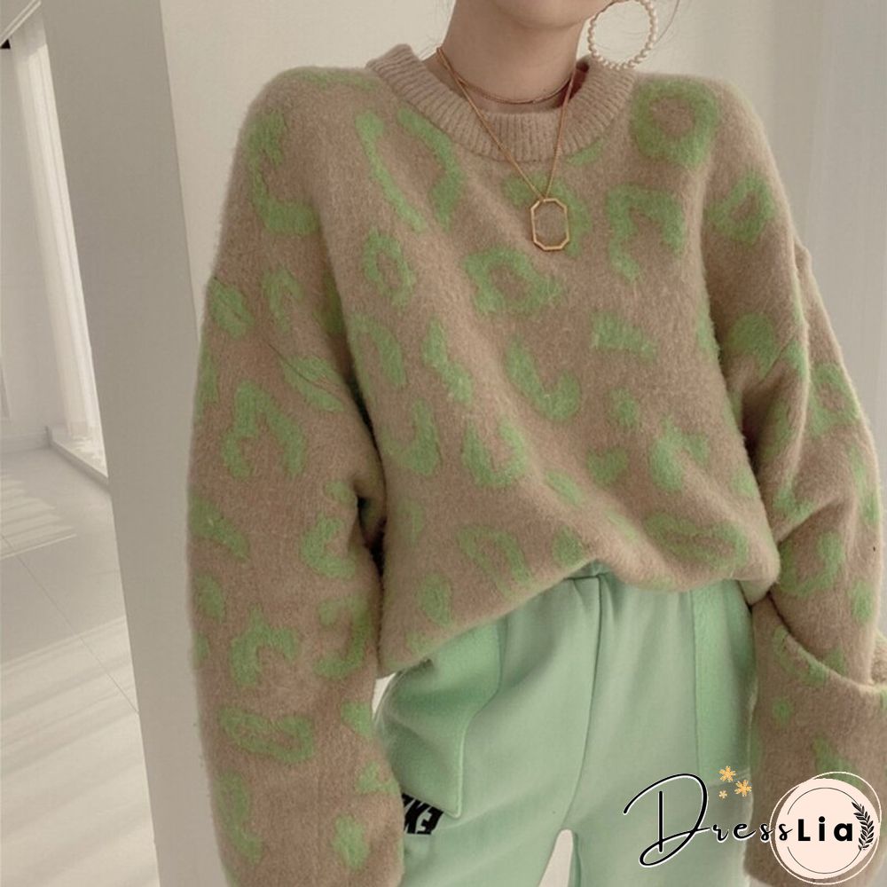 Streetwear Women Vintage Leopard Sweaters Pullovers Autumn Winter Fashion Harajuku Loose O-Neck Lazy Wind Korean Y2k Tops