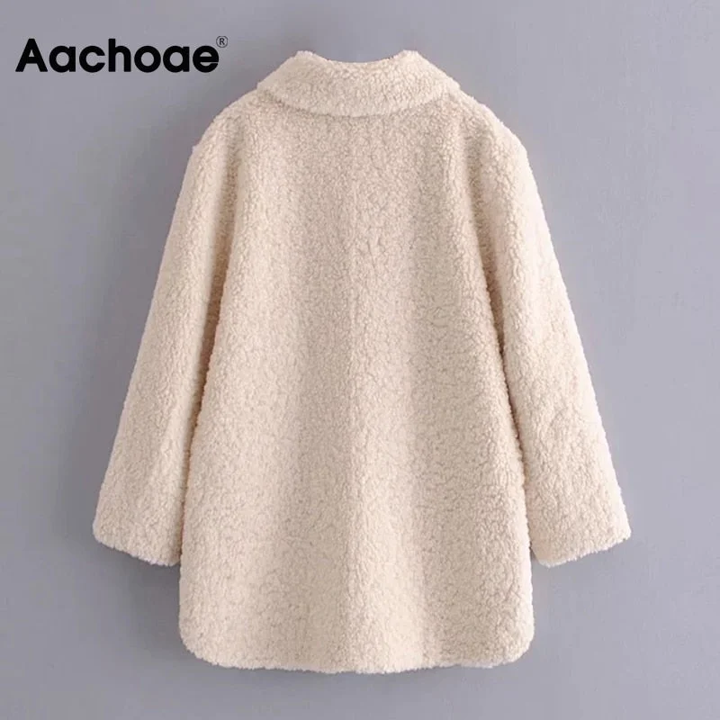 Aachoae 2021 Autumn Spring Casual Solid Lamb Fur Coat Women Long Sleeve Lady Fashion Pocket Jacket Turn Down Collar Teddy Coat
