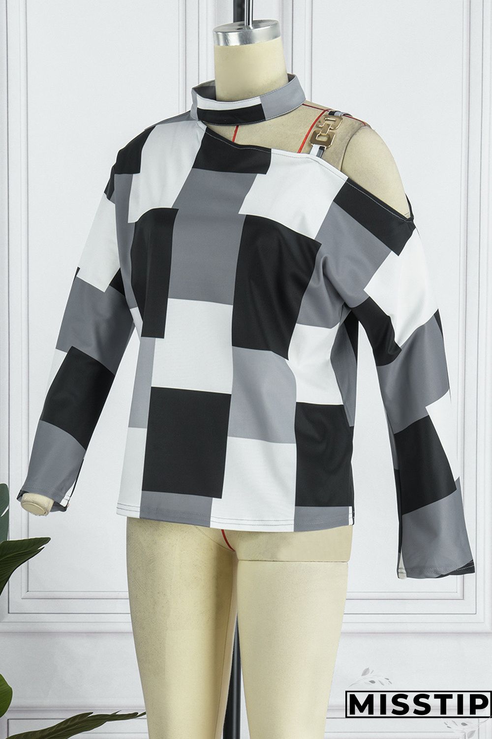 Black White Casual Print Hollowed Out Patchwork Turtleneck Tops