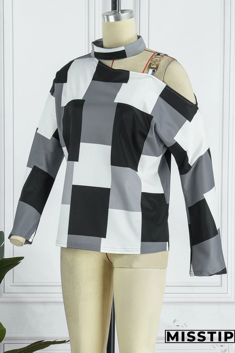 Black White Casual Print Hollowed Out Patchwork Turtleneck Tops