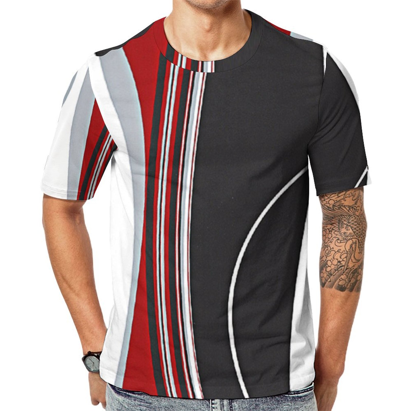 Wavy Vertical Stripes Red Black White Grey Short Sleeve Print Unisex Tshirt Summer Casual Tees for Men and Women Coolcoshirts