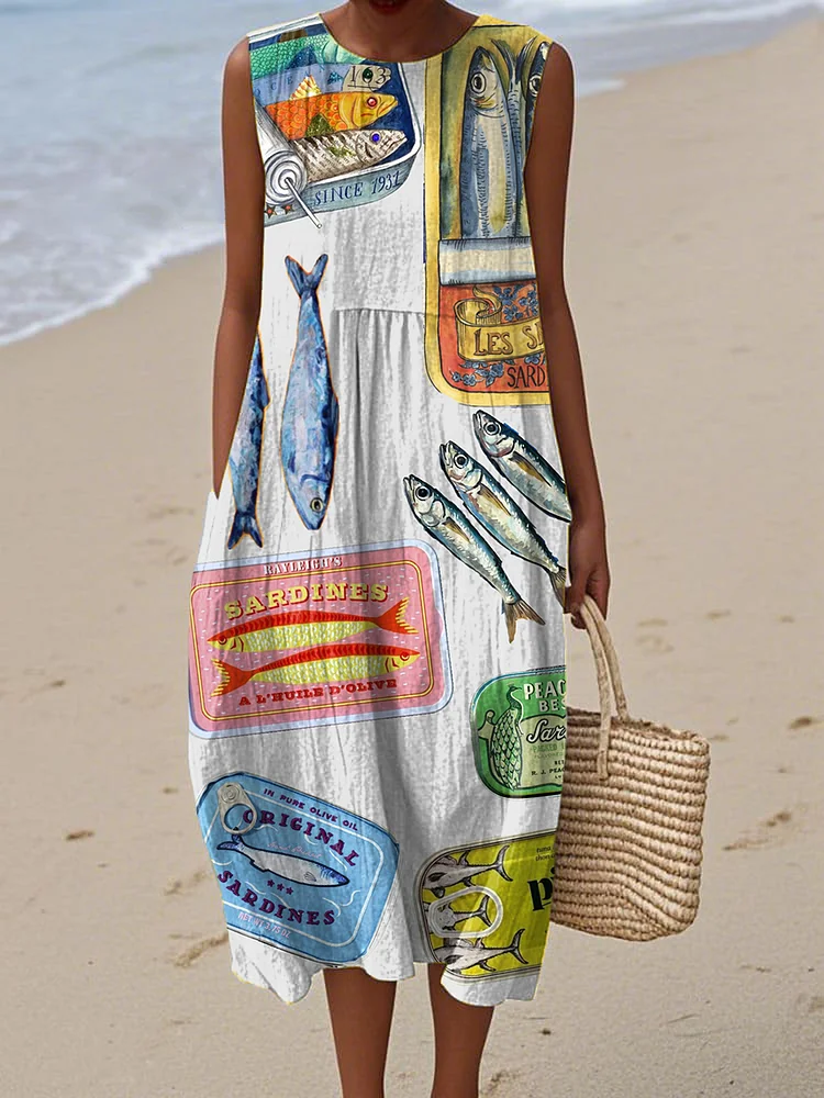 Women's Colorful Sea Fish Canned Fish Painting Art Print Sleeveless Cotton Pocket Wrap Dress
