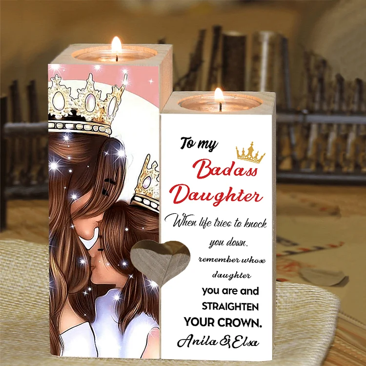 To My Badass Daughter Customized 2 Names Candle Holder "When Life Tries To Knock You Down" Wooden Candlestick Gift for Daughter