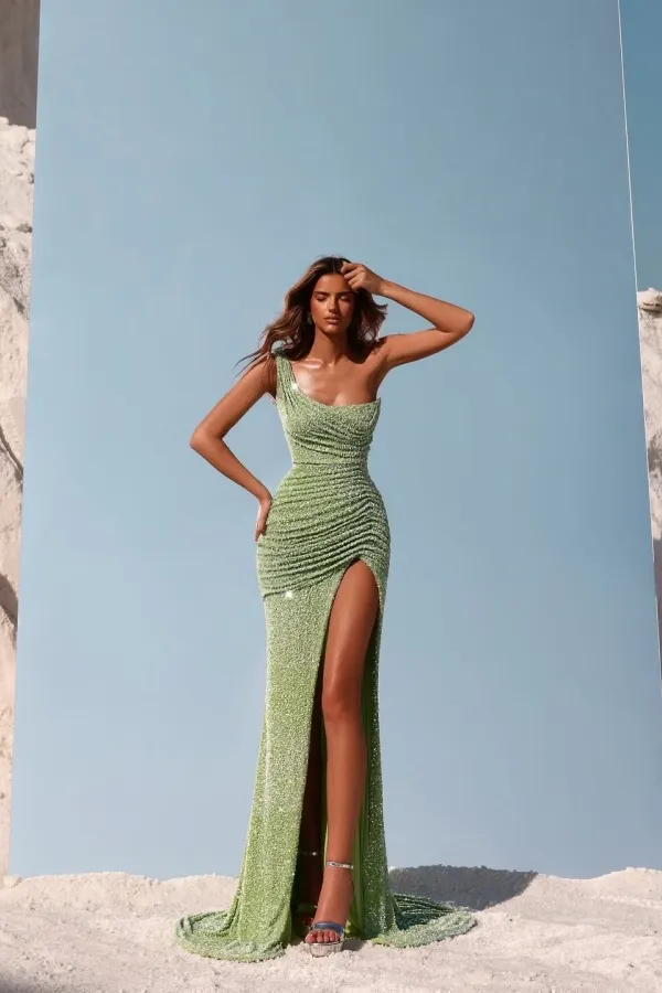 Lussooy Shinning Sleeveless Sequins One Shoulder Pleated Prom Dress with Split 