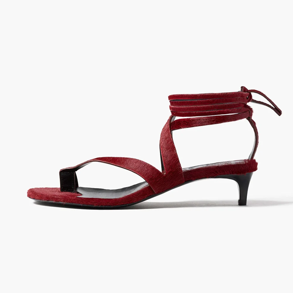 Women's Maroon Skinny Strap Toe Ring Low Kitten Heel Lace-Up Sandals