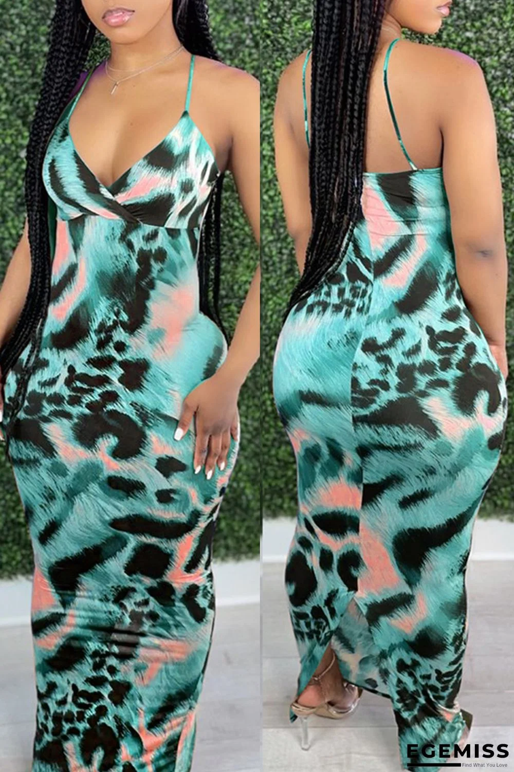 Cyan Fashion Sexy Print Backless V Neck Sling Dress | EGEMISS