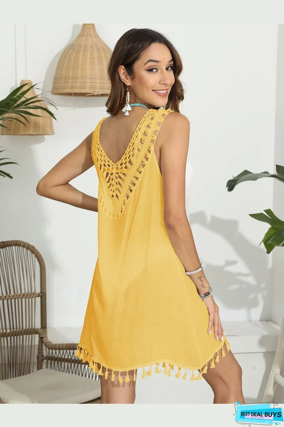 Tassel Scoop Neck Wide Strap Cover-Up