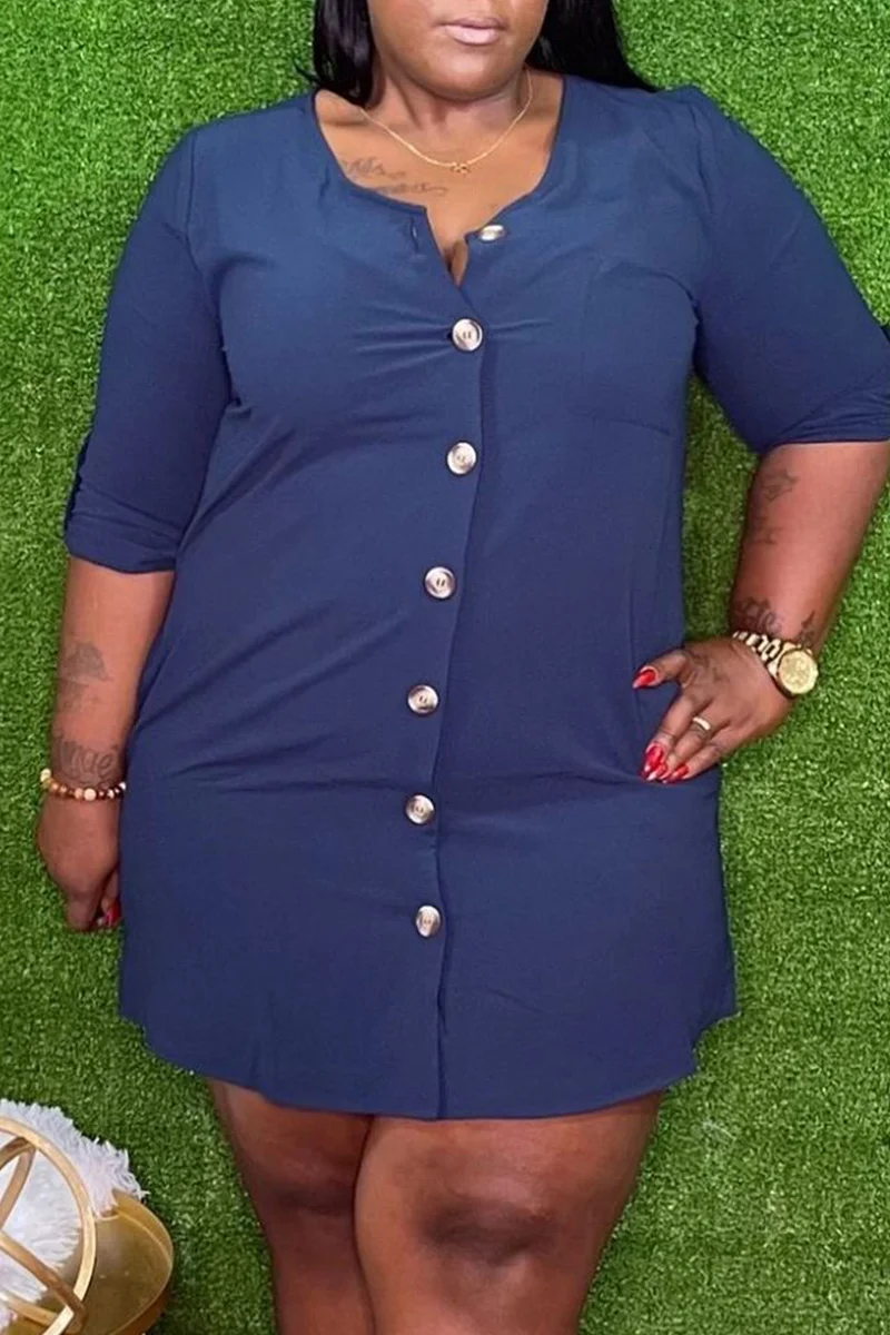Blue Fashion Casual Solid Basic O Neck Long Sleeve Plus Size Dresses