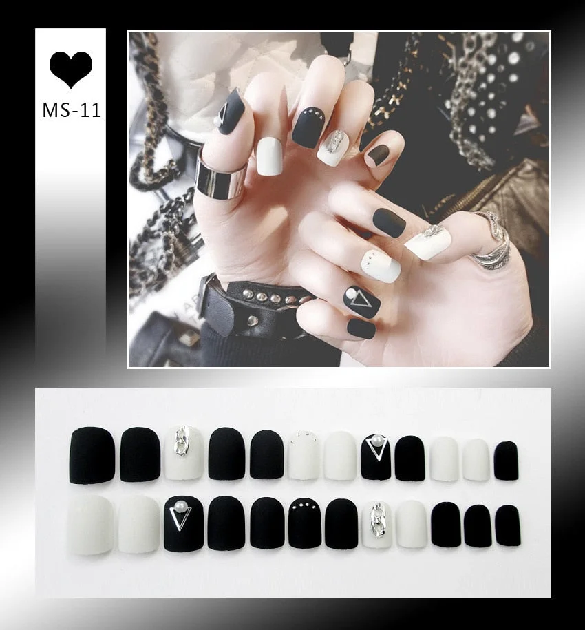 24pcs Matte False Nail Press On Nail With Glue Round Graffiti Fake Nail Manicure Nail Art Decoration  Nail Art Tools-Nail Inspo