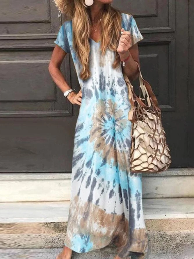Short Sleeve A-Line Ombre/Tie-Dye Dresses