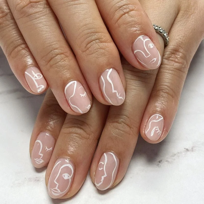 24pcs fake short nails with glue Human Face Printed Nail Patch Round Head  Flesh Pink Removable Paragraph Manicure free shipping-Nail Inspo