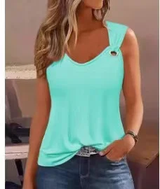 Uveng Uveng Summer Fashion Sexy Simple Metal Button V-Neck Sleeveless Women's Solid Color Sweet Vest