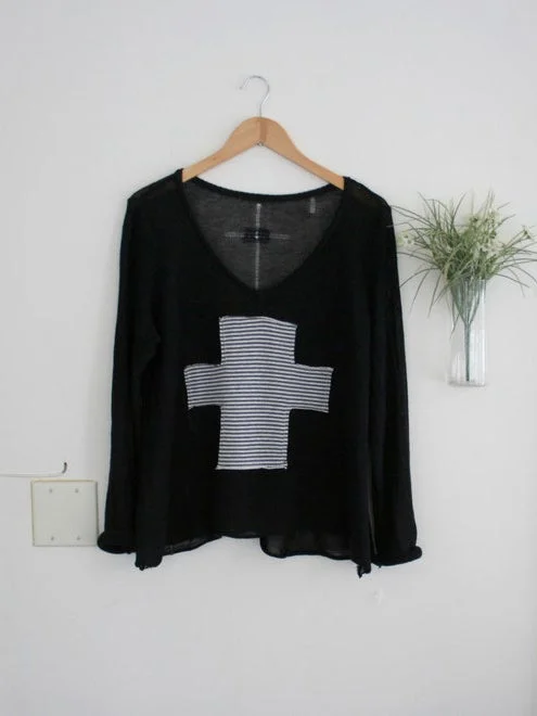 Casual V Neck Stripe Cross Pattern Linen Top