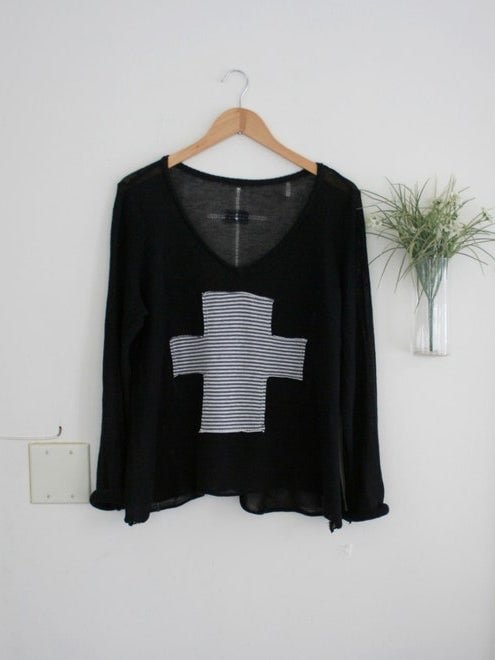 Casual V Neck Stripe Cross Pattern Linen Top