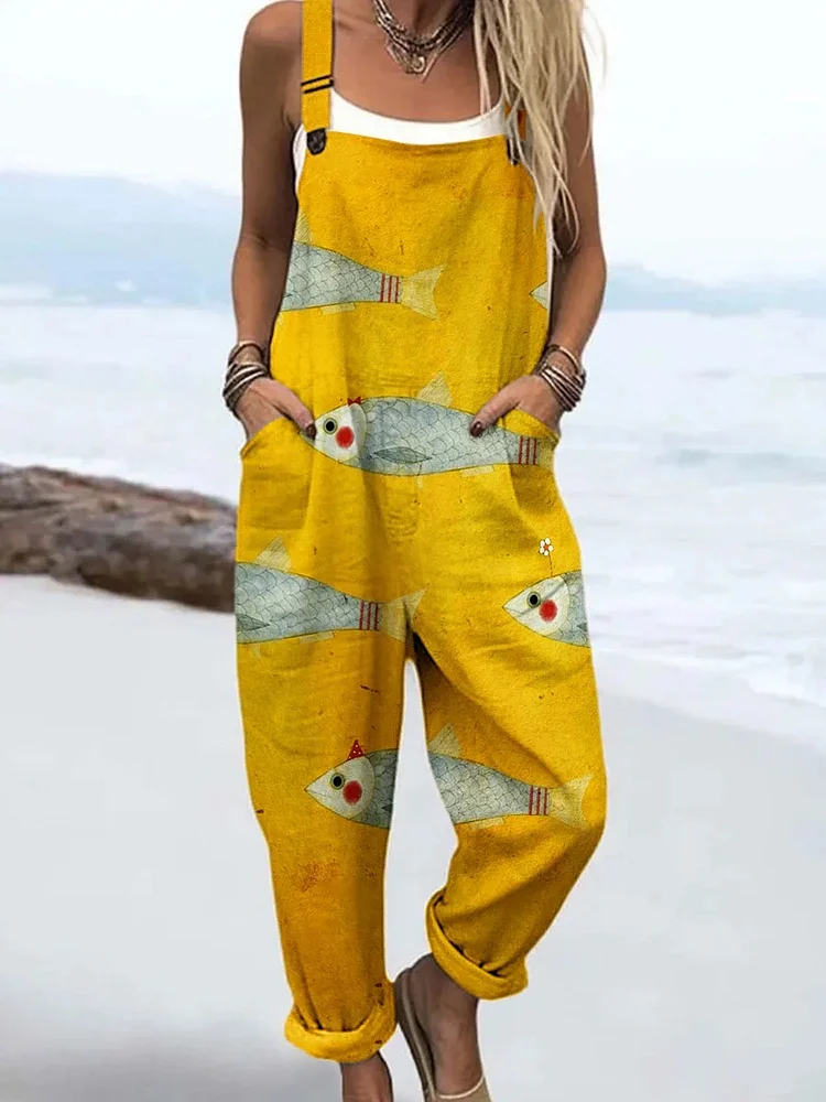 Women's Vintage Fish Sardines Art Print Casual Cotton Wide Leg Jumpsuit
