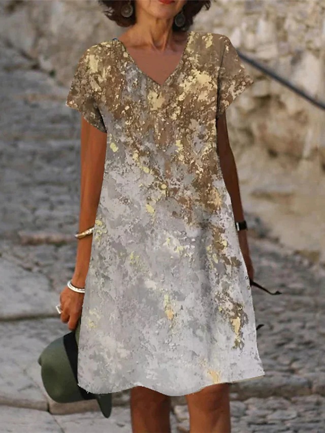 V-Neck Colorful Print Casual A Line Loose Midi Dress