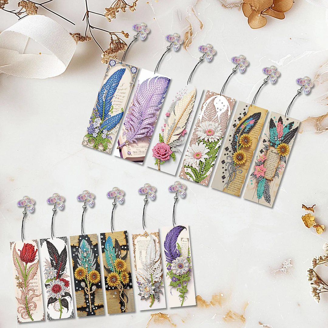 12Pcs Feathers Flowers DIY Diamond Art Painting Bookmark for Reading Enthusiasts
