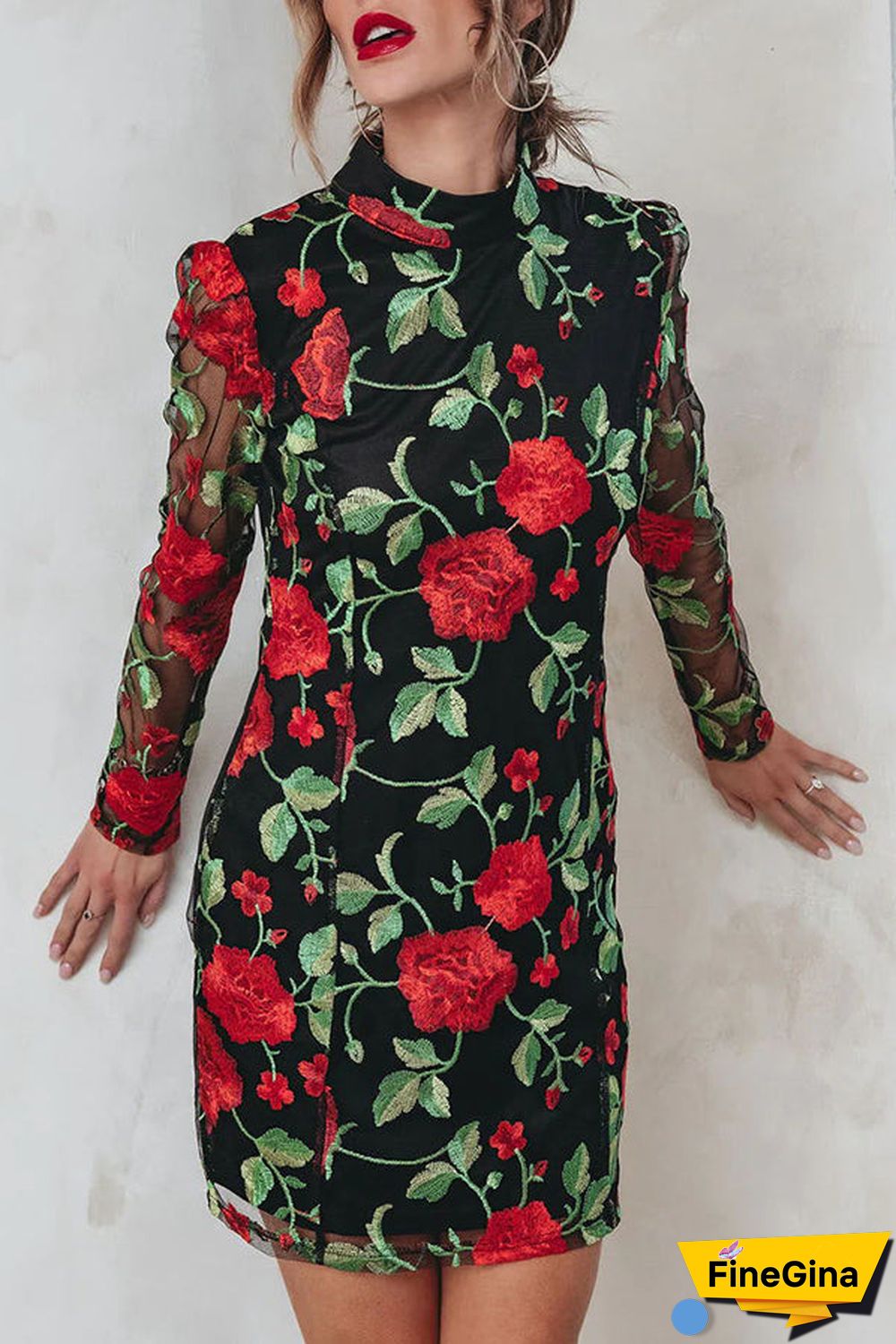 Embroidered Floral Mesh Mini Dress