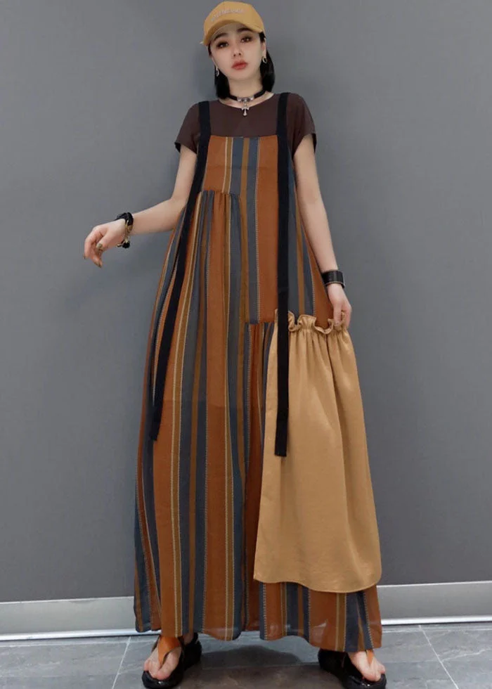 5.5Women Brown Striped Patchwork a line skirts Short Sleeve Dresses